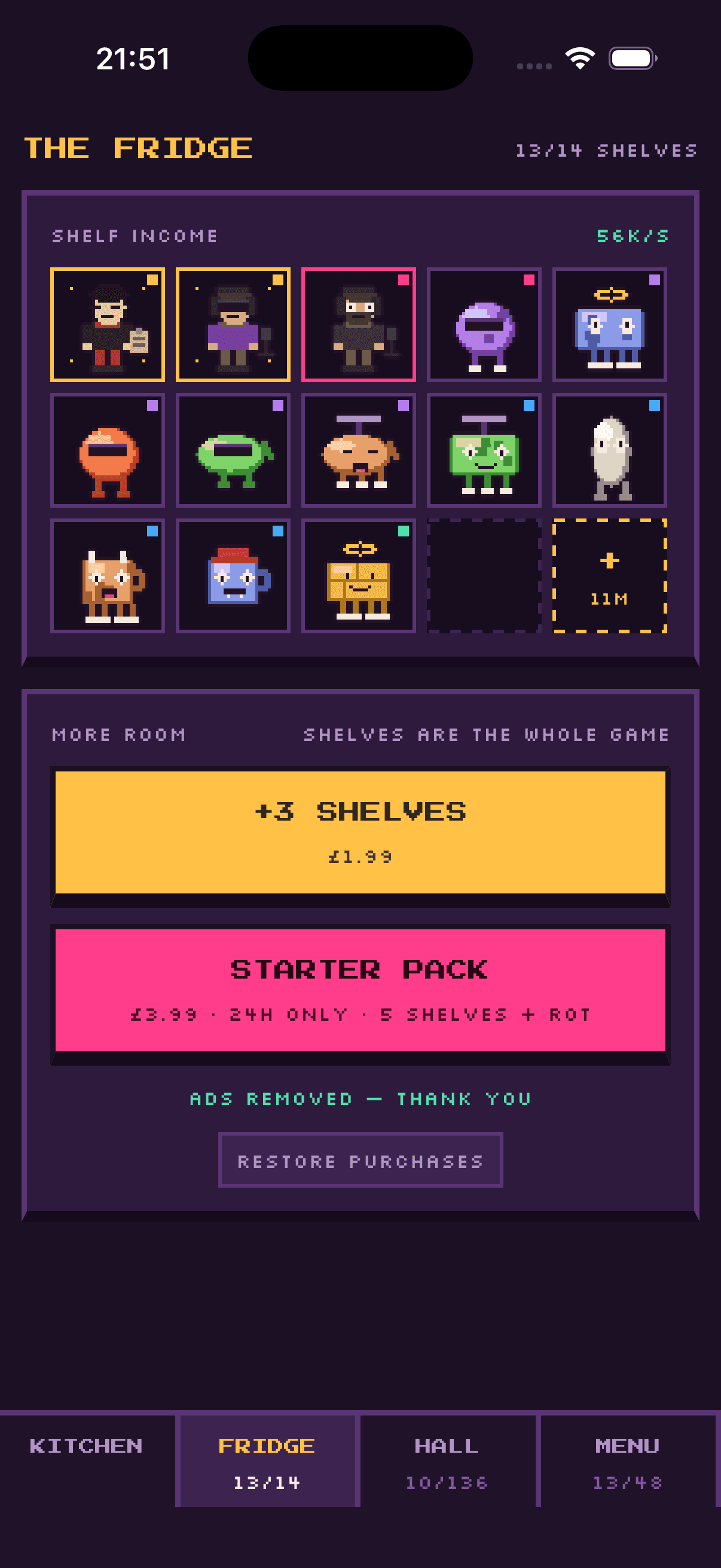 Fridge screen: shelves of served creatures and the shop