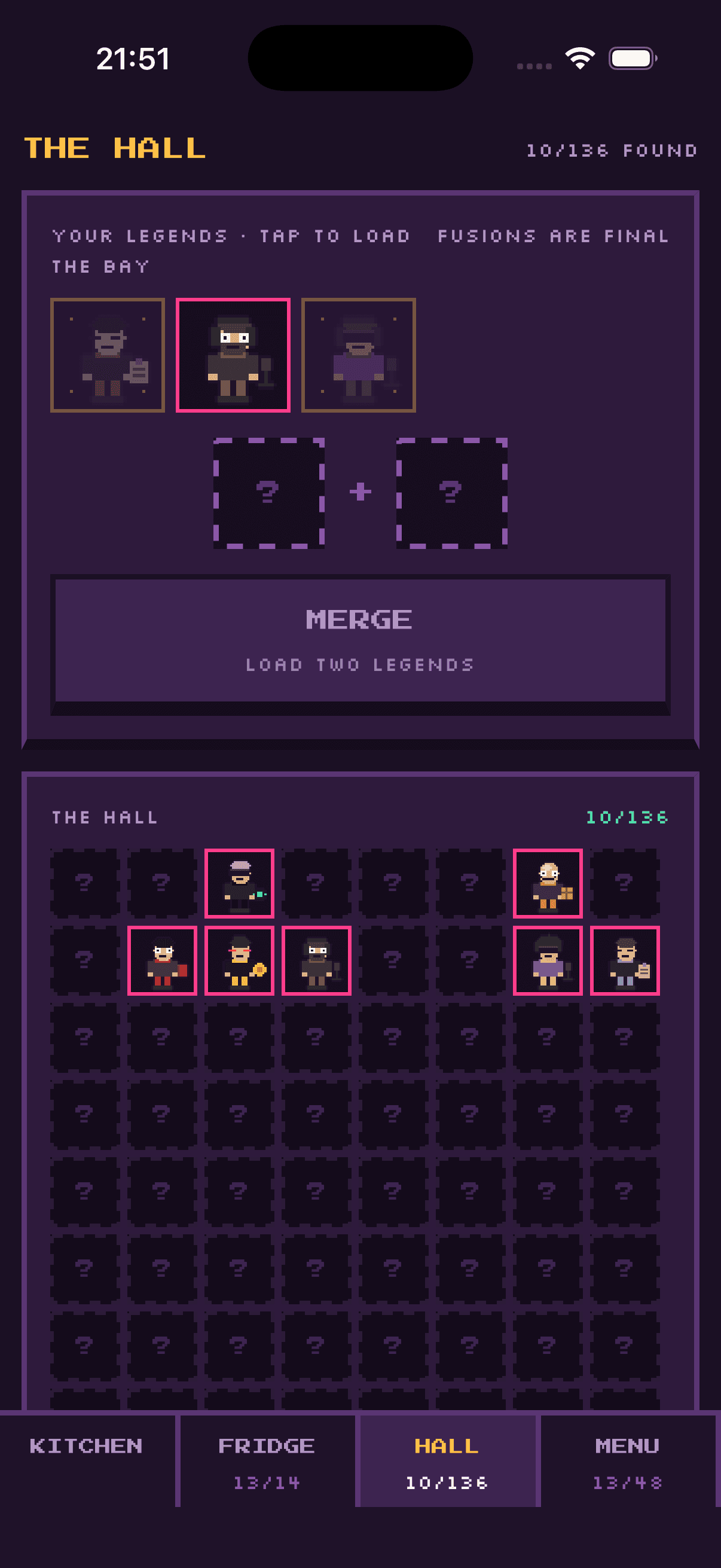 Hall screen: Legends, the fusion bay and the 136-slot hall