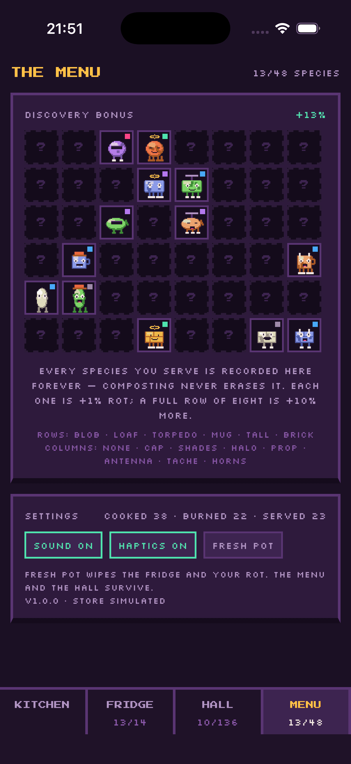 Menu screen: the 48-species dex and the discovery bonus