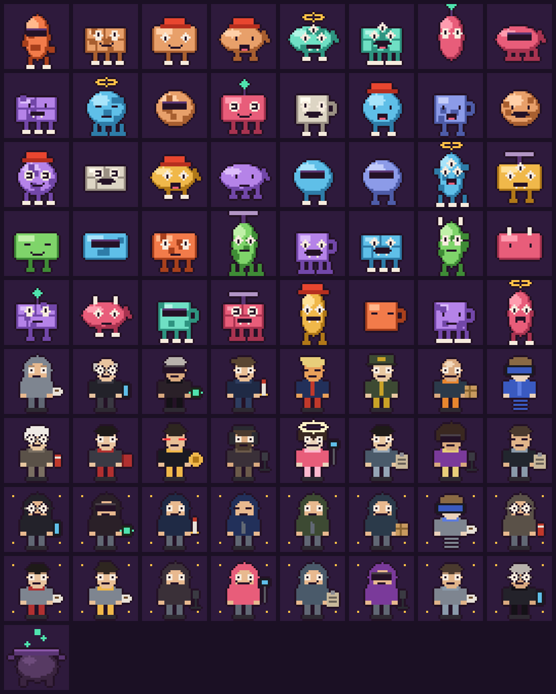 Preview sheet from the generator: forty creatures, sixteen Legends and sixteen fusions